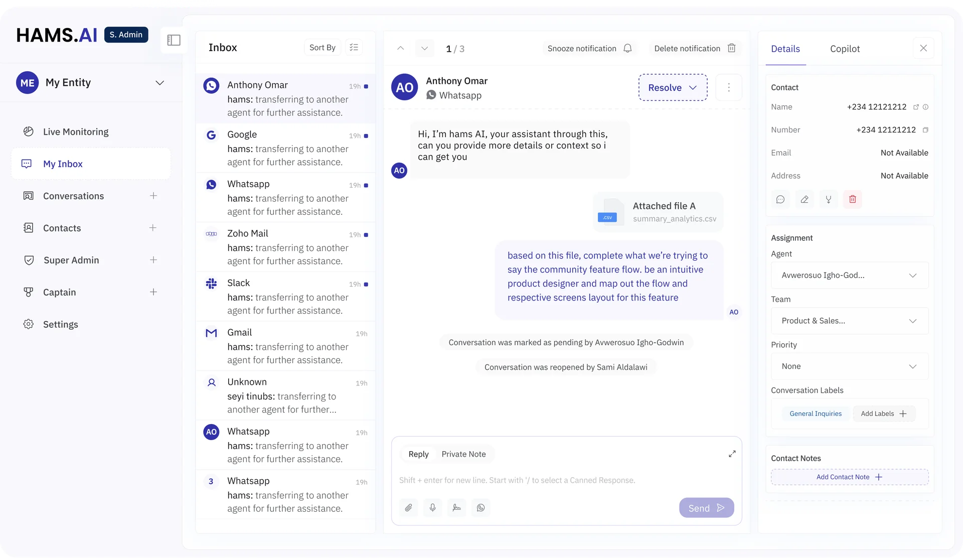 HAMS.AI live monitoring dashboard