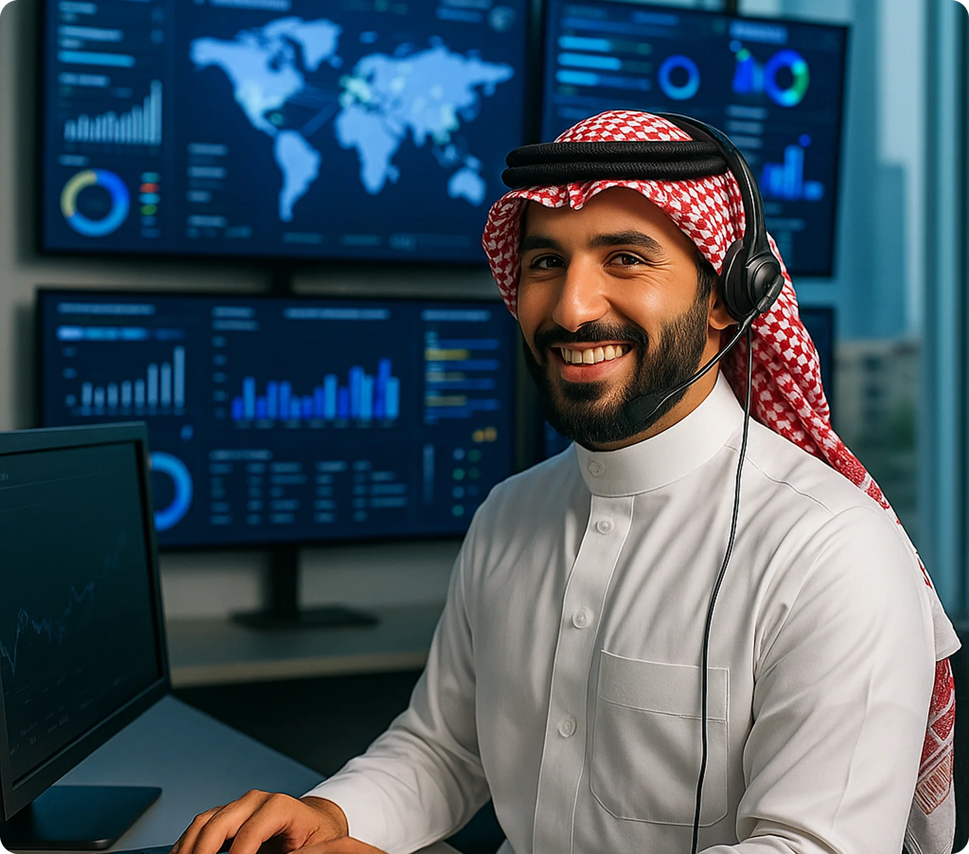 AI Voice Agent working at a computer with headset