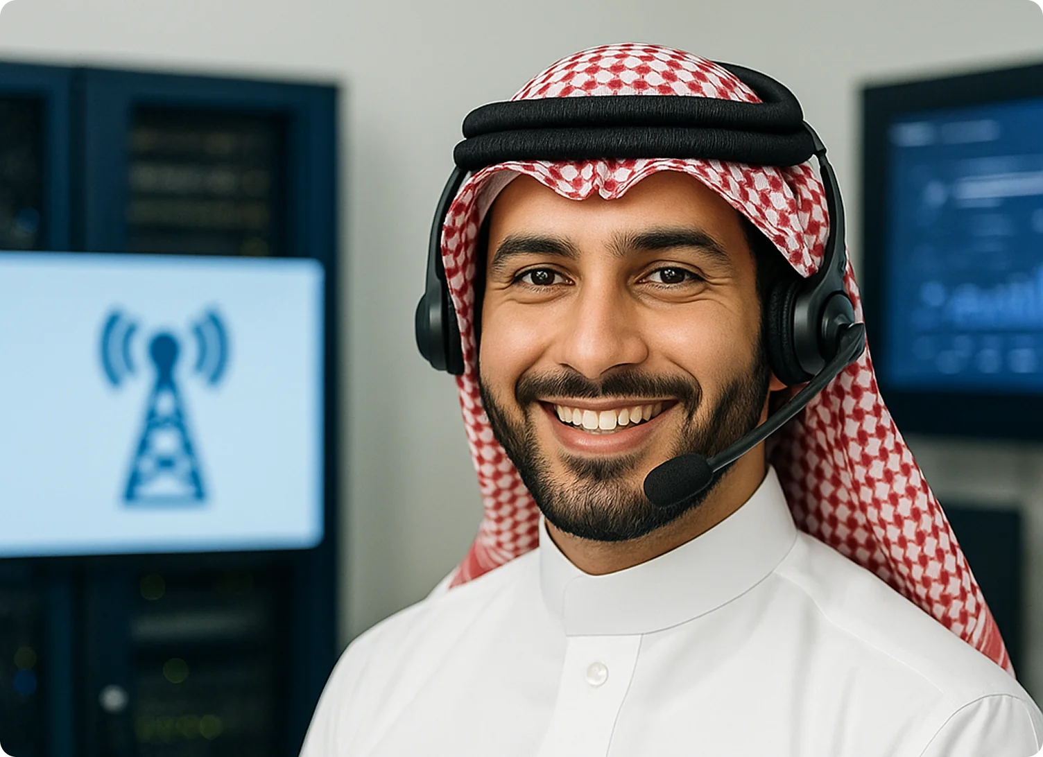 Customer support representative with headset